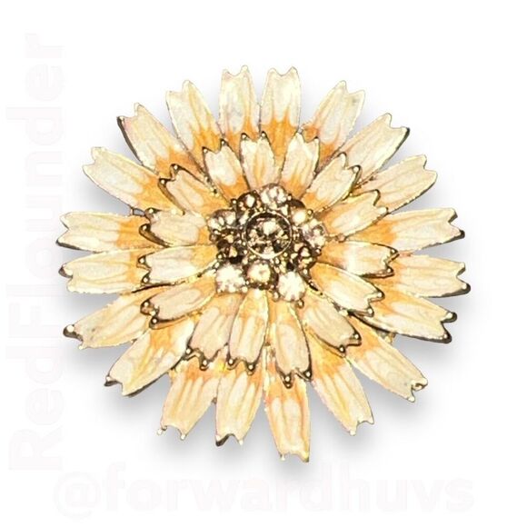 Gold Tone with Enamel Flower Brooch with Rhinestone Center - Picture 1 of 10